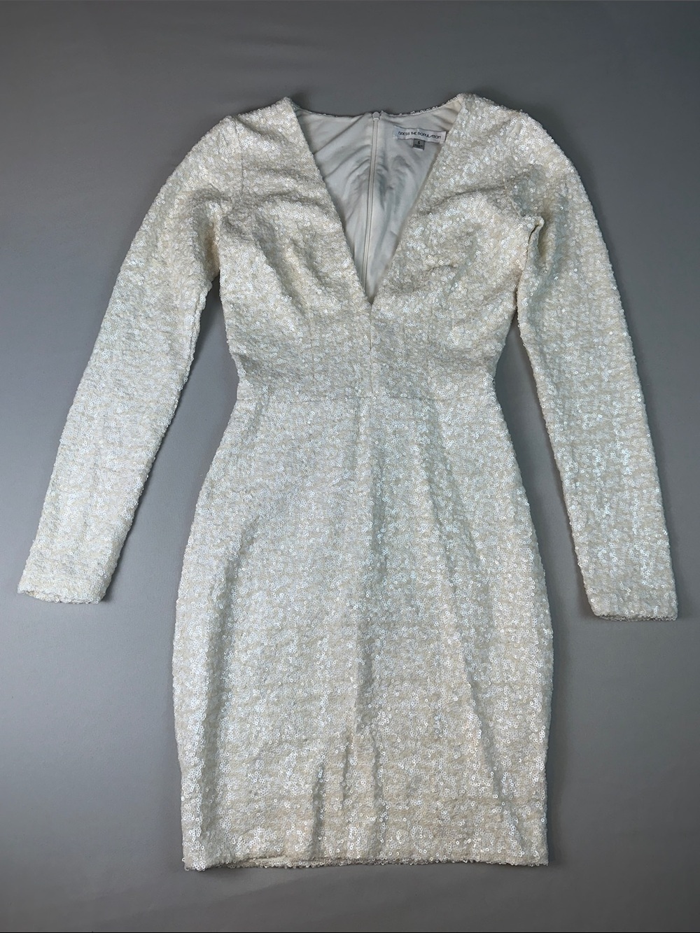 Dress the Population White Bachelorette Bride Small Long Sleeve Sequin Low Vneck